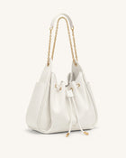 Rowan Ruched Drawstring Chain Bucket Bag - Ivory