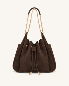 Rowan Faux Suede Quilted Chain Bucket Bag - Dark Brown