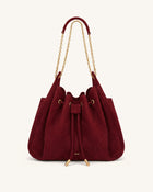 Rowan Faux Suede Quilted Chain Bucket Bag - Dark Red