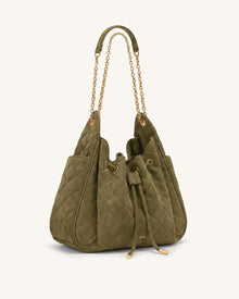 Rowan Faux Suede Quilted Chain Bucket Bag - Olive Green