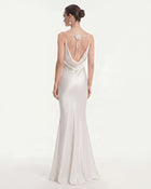 Floral Appliqué Cowl Back Long Dress - White