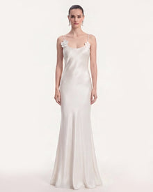 Floral Appliqué Cowl Back Long Dress - White