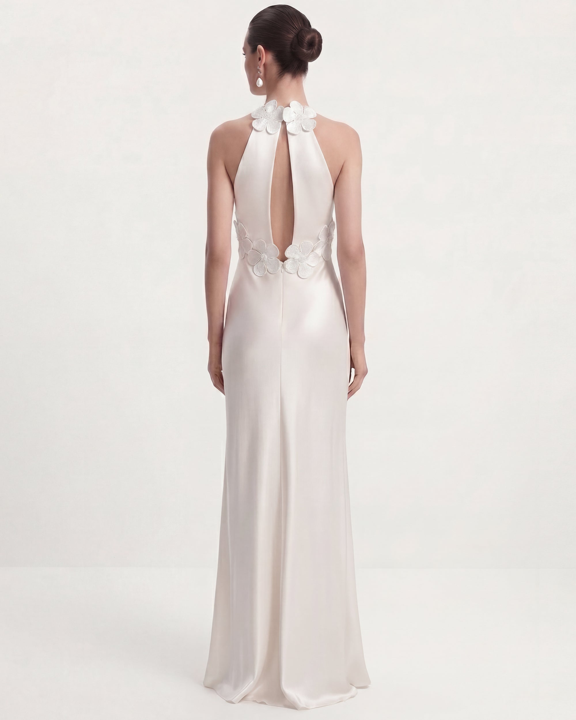 Floral Appliqué Halter Open Back Long Dress - White