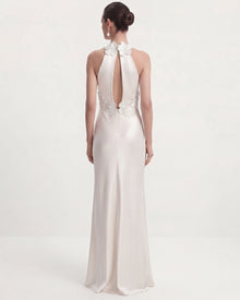 Floral Appliqué Halter Open Back Long Dress - White
