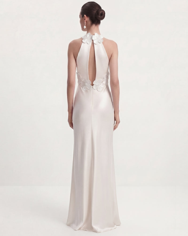 Floral Appliqué Halter Open Back Long Dress - White