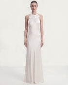 Floral Appliqué Halter Open Back Long Dress - White