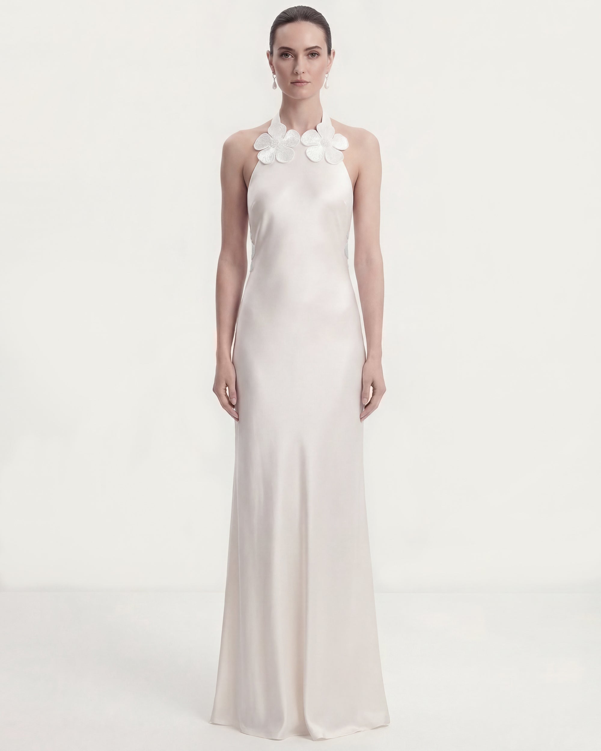 Floral Appliqué Halter Open Back Long Dress - White