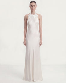 Floral Appliqué Halter Open Back Long Dress - White