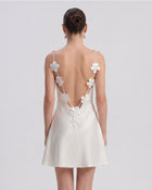 Floral Appliqué Open Back Mini Dress - White