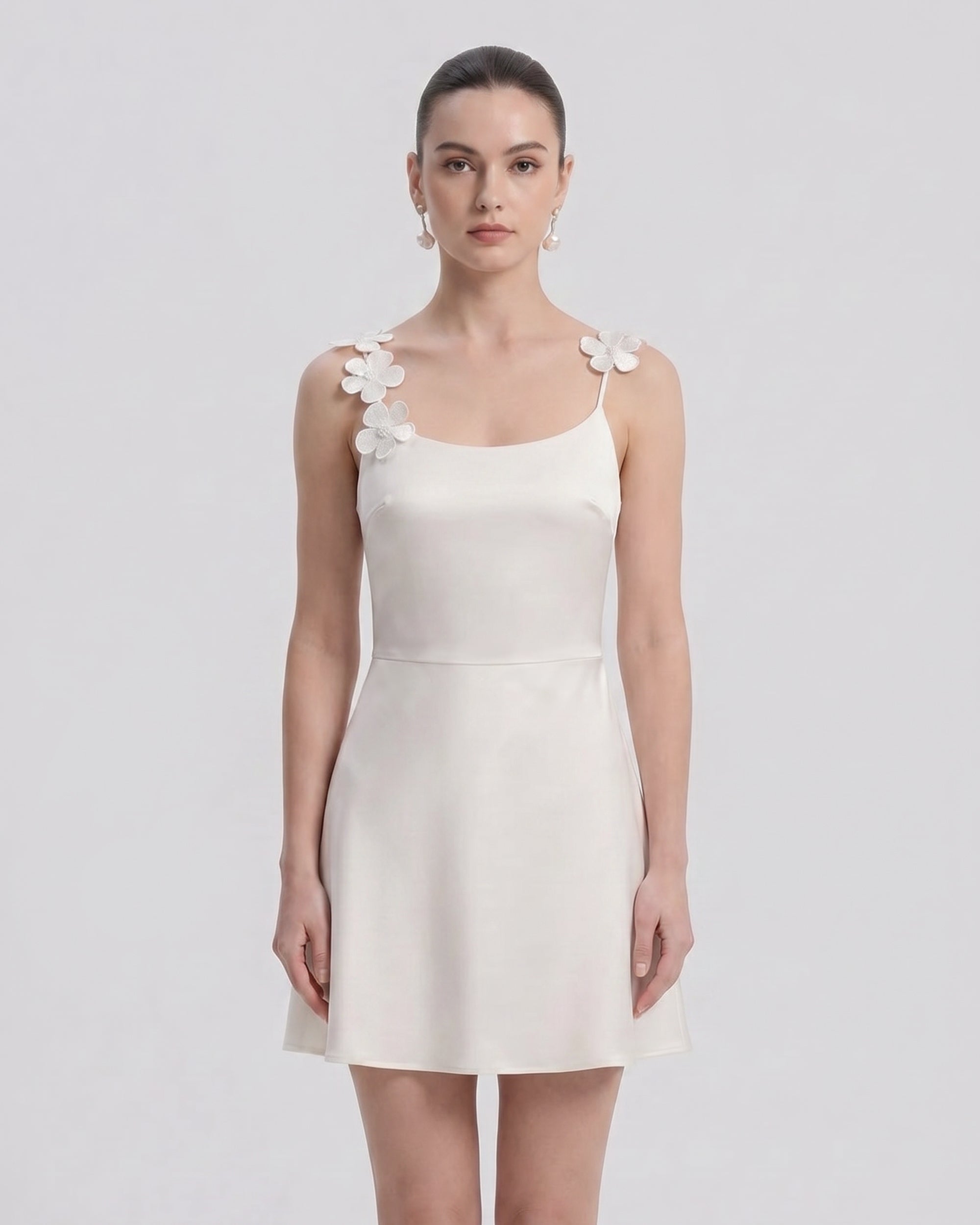 Floral Appliqué Open Back Mini Dress - White