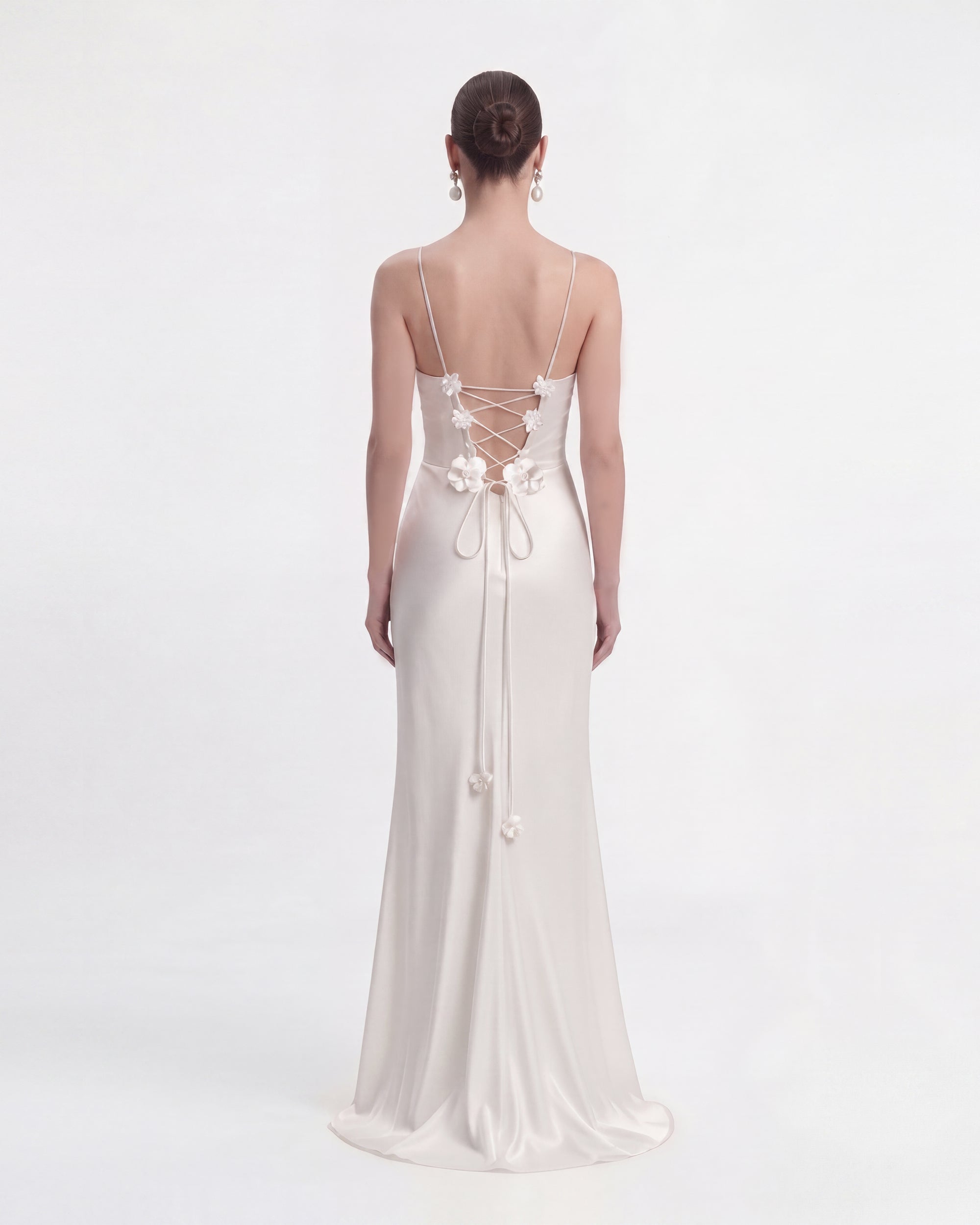 Floral Appliqué Lace-Up Back Long Dress - White