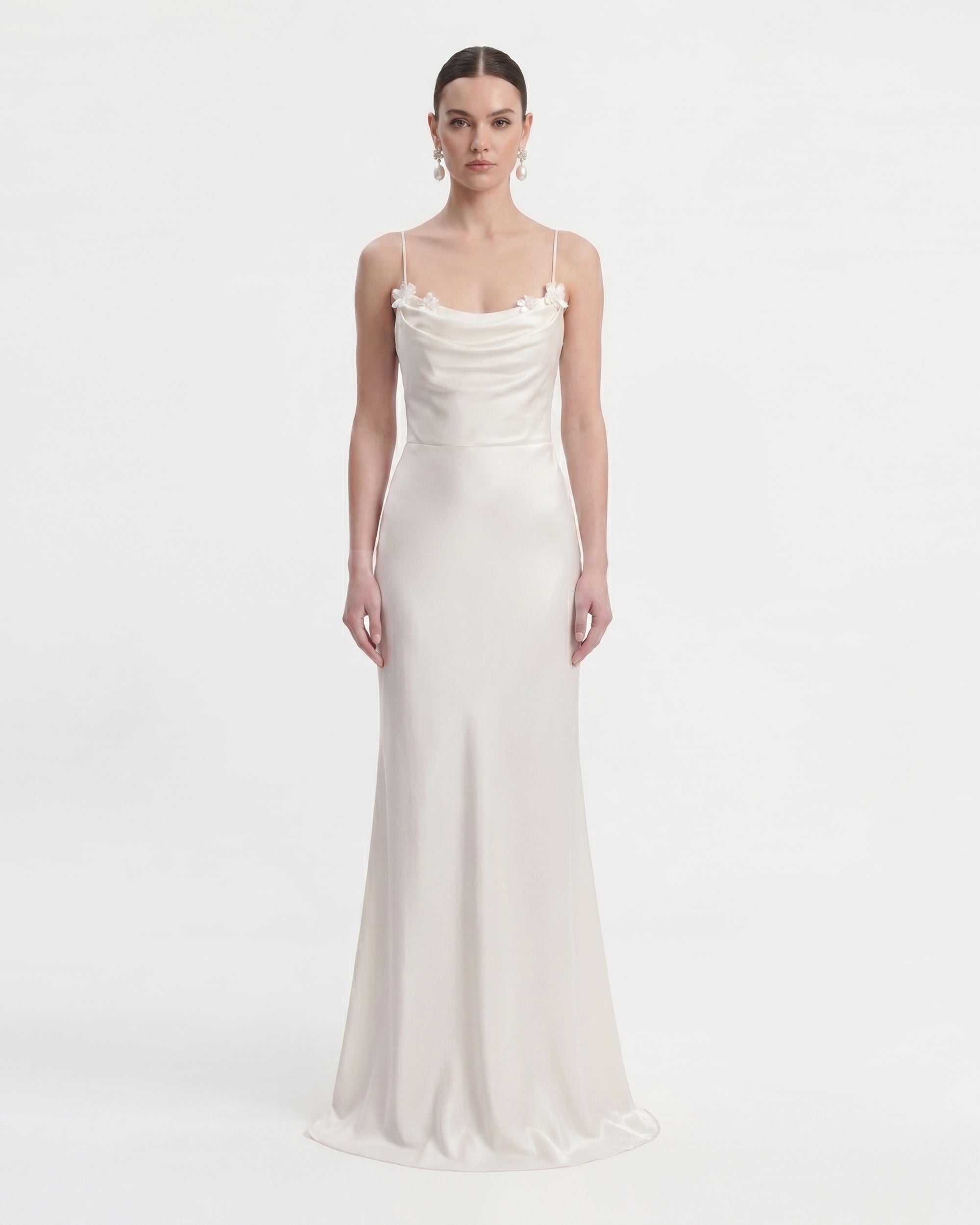 Floral Appliqué Lace-Up Back Long Dress - White