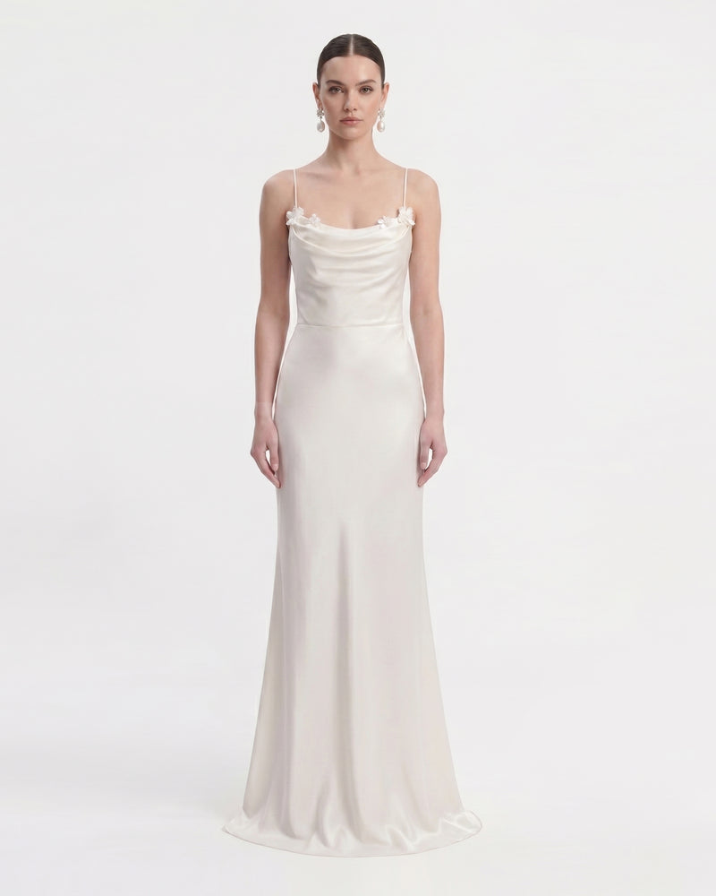 Floral Appliqué Lace-Up Back Long Dress - White