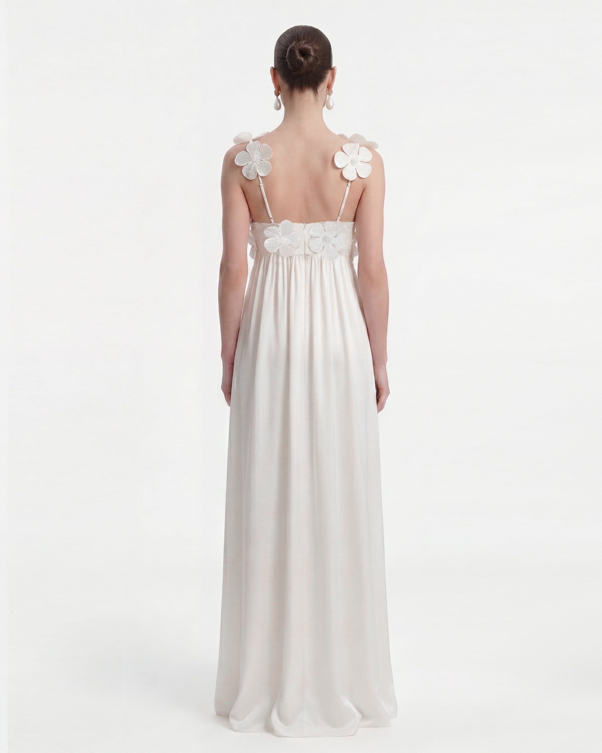 Floral Appliqué Empire Waist Maxi Dress - White