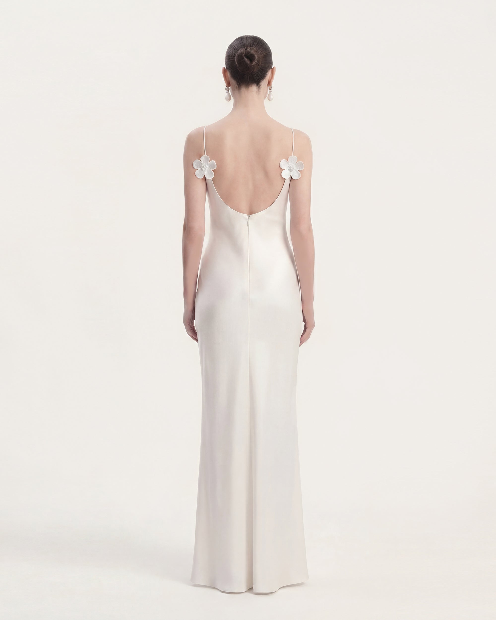 Floral Appliqué Open Back Slip Maxi Dress - White