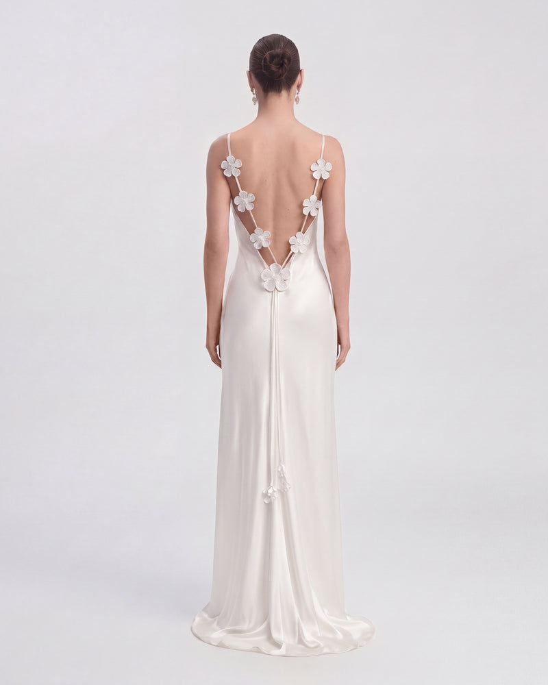 Floral Appliqué Open Back Maxi Dress - White