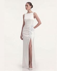 Floral Appliqué Side Slit Maxi Dress - White