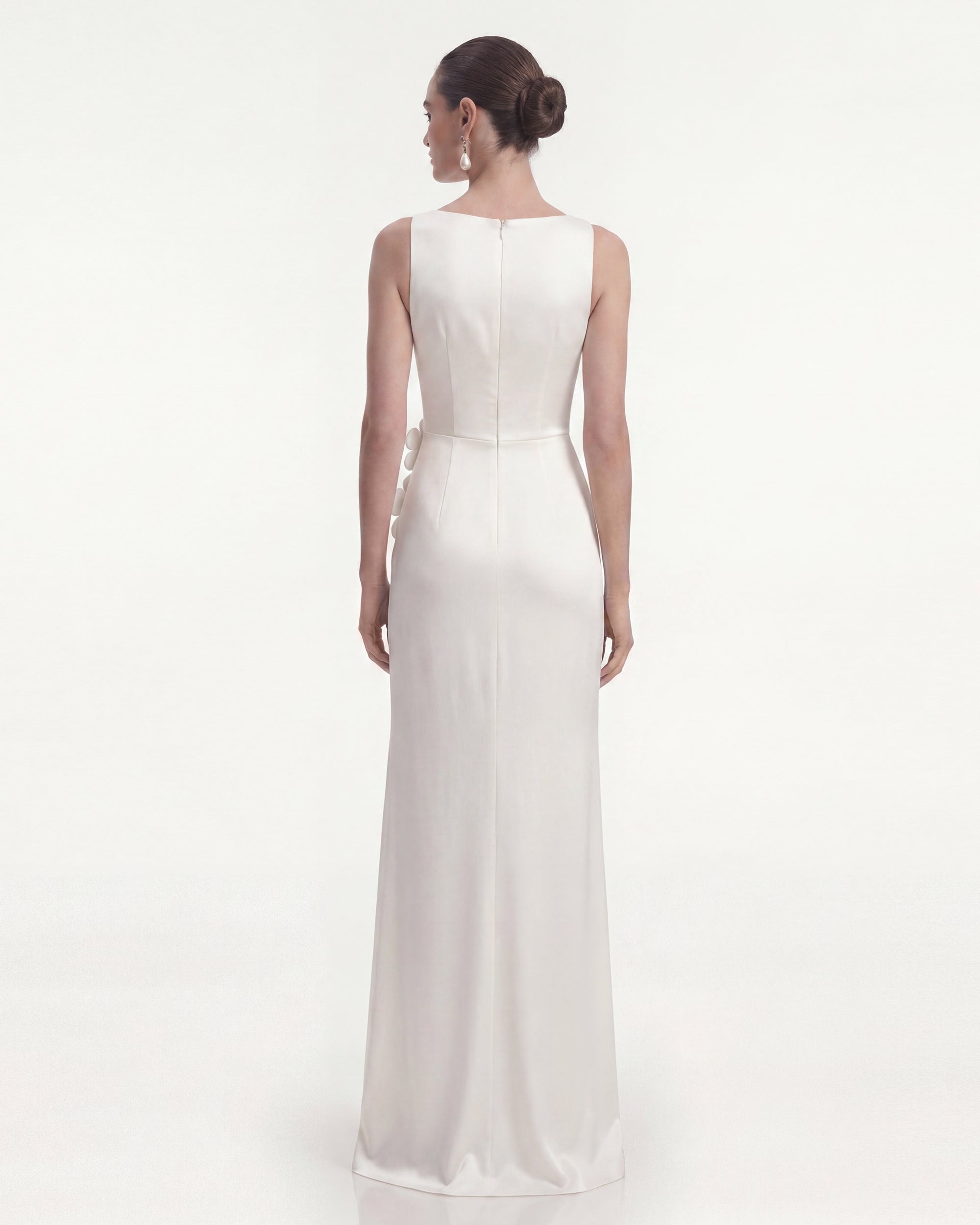 Floral Appliqué Side Slit Maxi Dress - White