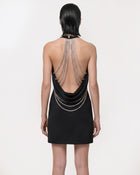Crystal Chain Backless Halter Mini Dress - Black