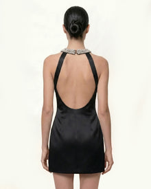 Plunge Beaded Halter Mini Dress - Black