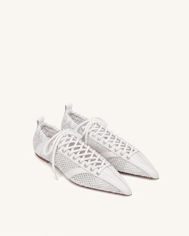 Ava Lace-Up Mesh Flats - White