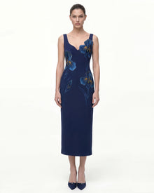 Iris Embroidered Wide Strap Midi Dress - Navy Blue