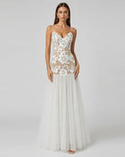 Floral Appliqué Sheer Tulle Maxi Dress - White