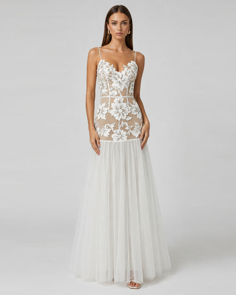 Floral Appliqué Sheer Tulle Maxi Dress - White