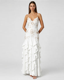 Floral Appliqué Ruffle Maxi Dress - White