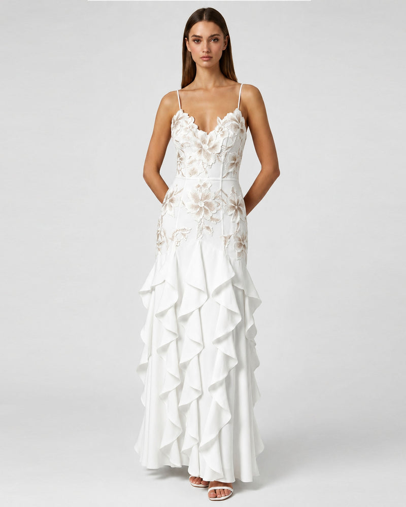 Floral Appliqué Ruffle Maxi Dress - White