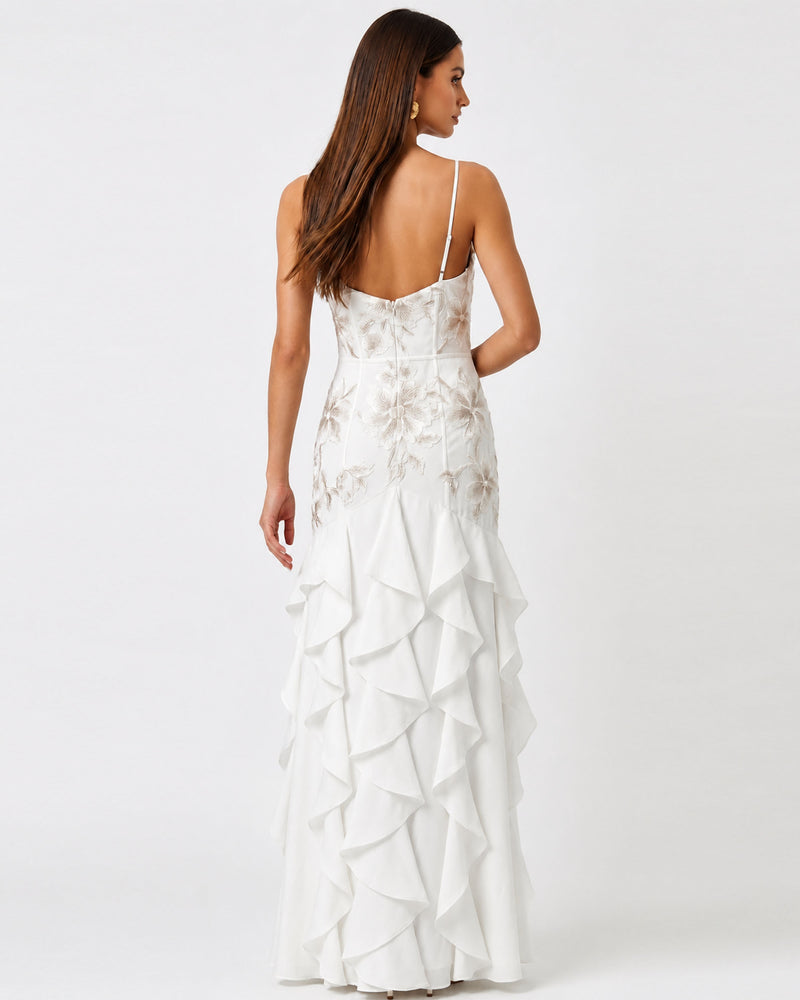 Floral Appliqué Ruffle Maxi Dress - White