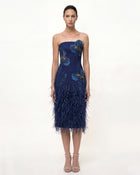 Iris Embroidered Feather Trim Strapless Midi Dress - Navy Blue