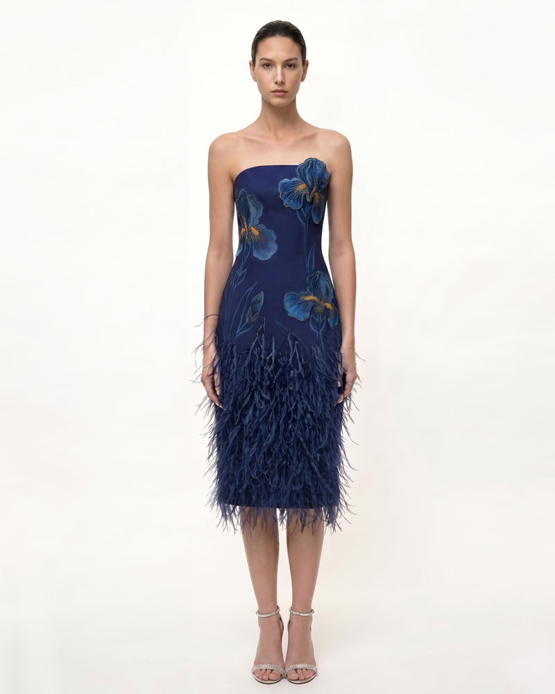 Iris Embroidered Feather Trim Strapless Midi Dress - Navy Blue