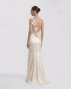 Floral Appliqué Asymmetric Open Back Maxi Dress - Ivory