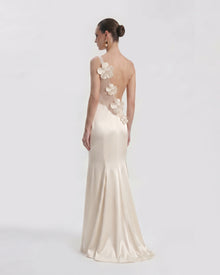 Floral Appliqué Asymmetric Open Back Maxi Dress - Ivory