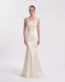 Floral Appliqué Asymmetric Open Back Maxi Dress - Ivory