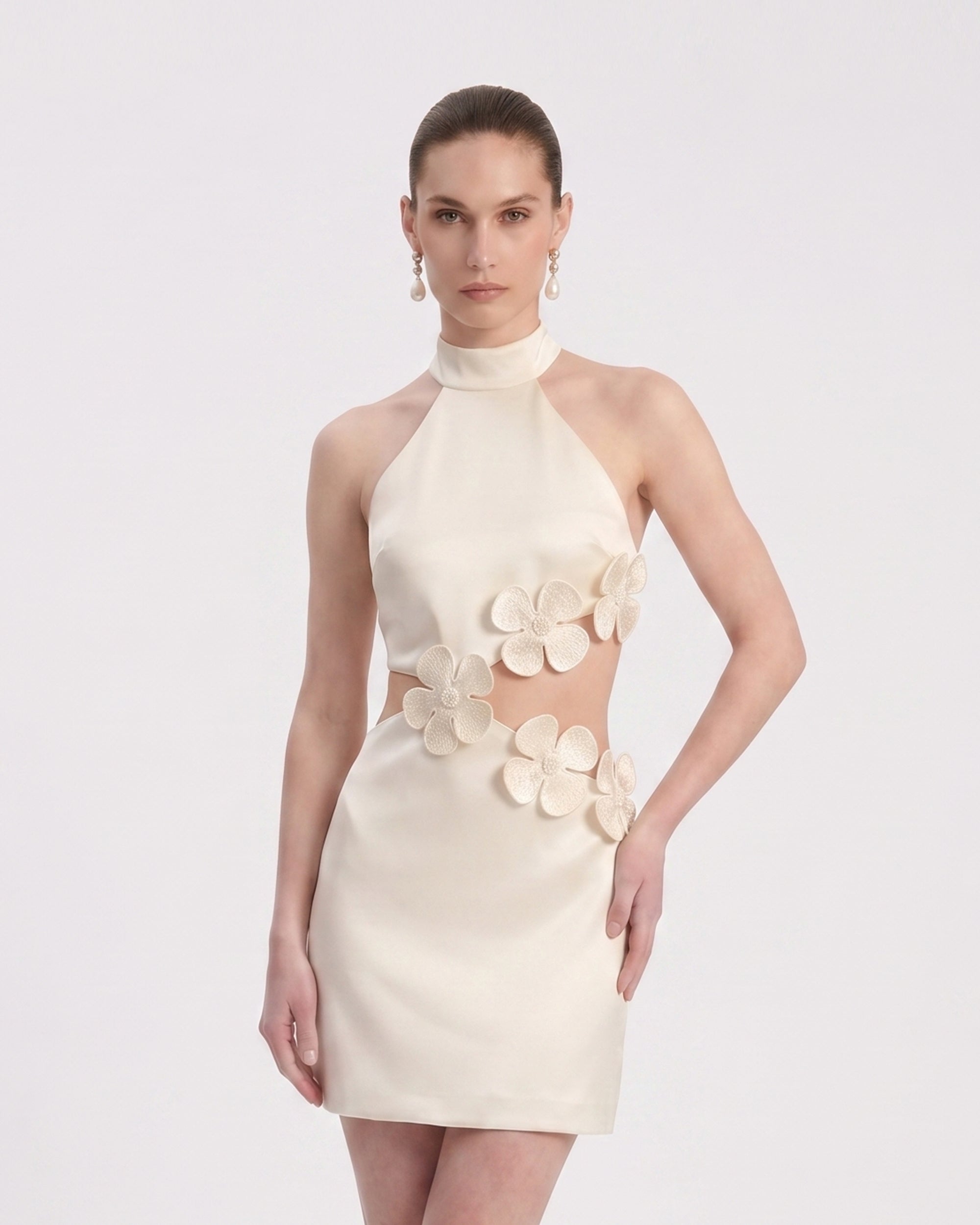 Floral Appliqué Halter Cutout Mini Dress - Ivory
