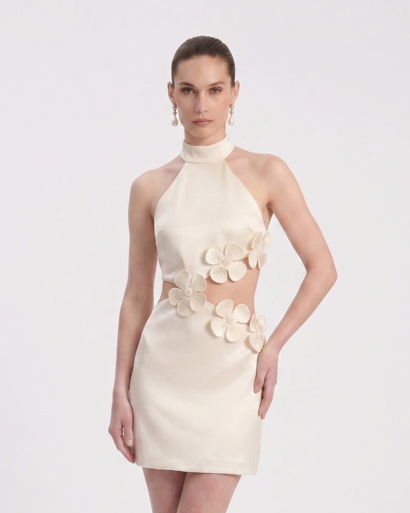 Floral Appliqué Halter Cutout Mini Dress - Ivory