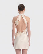 Floral Appliqué Halter Cutout Mini Dress - Ivory