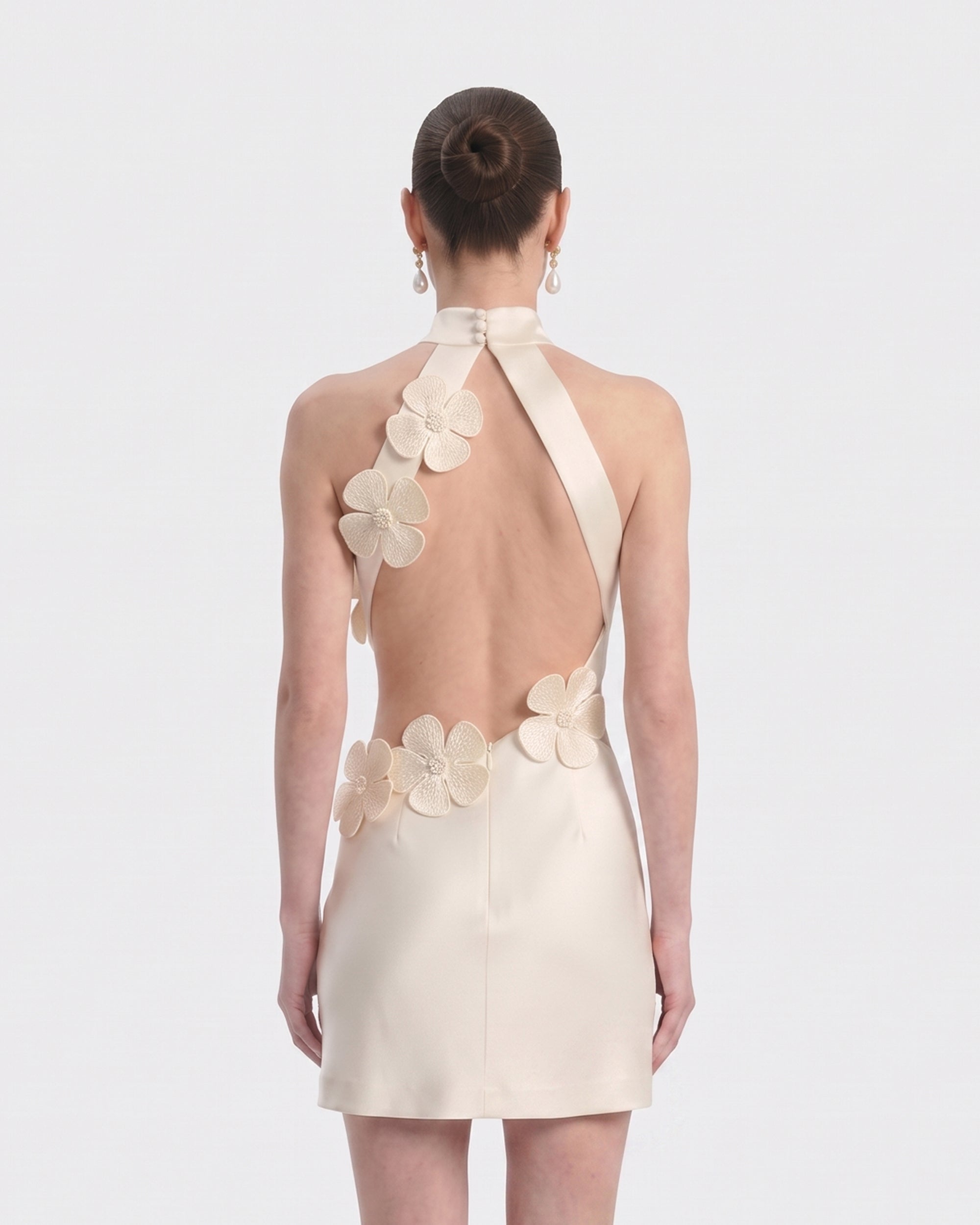 Floral Appliqué Halter Cutout Mini Dress - Ivory