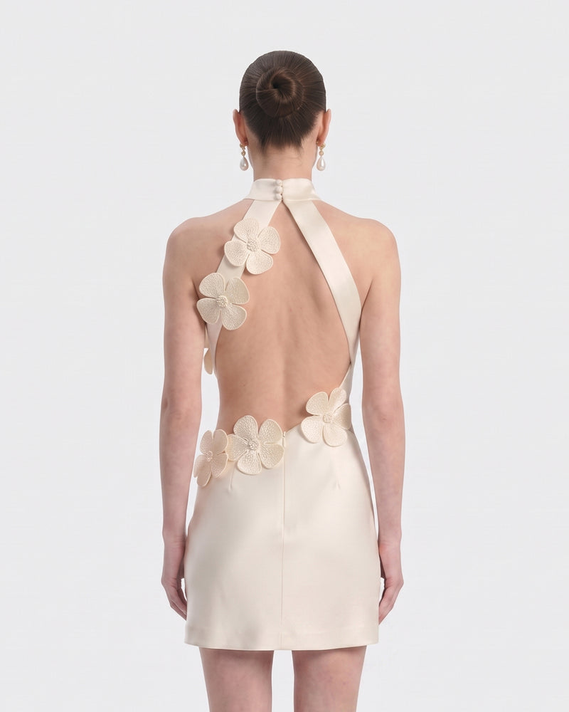 Floral Appliqué Halter Cutout Mini Dress - Ivory