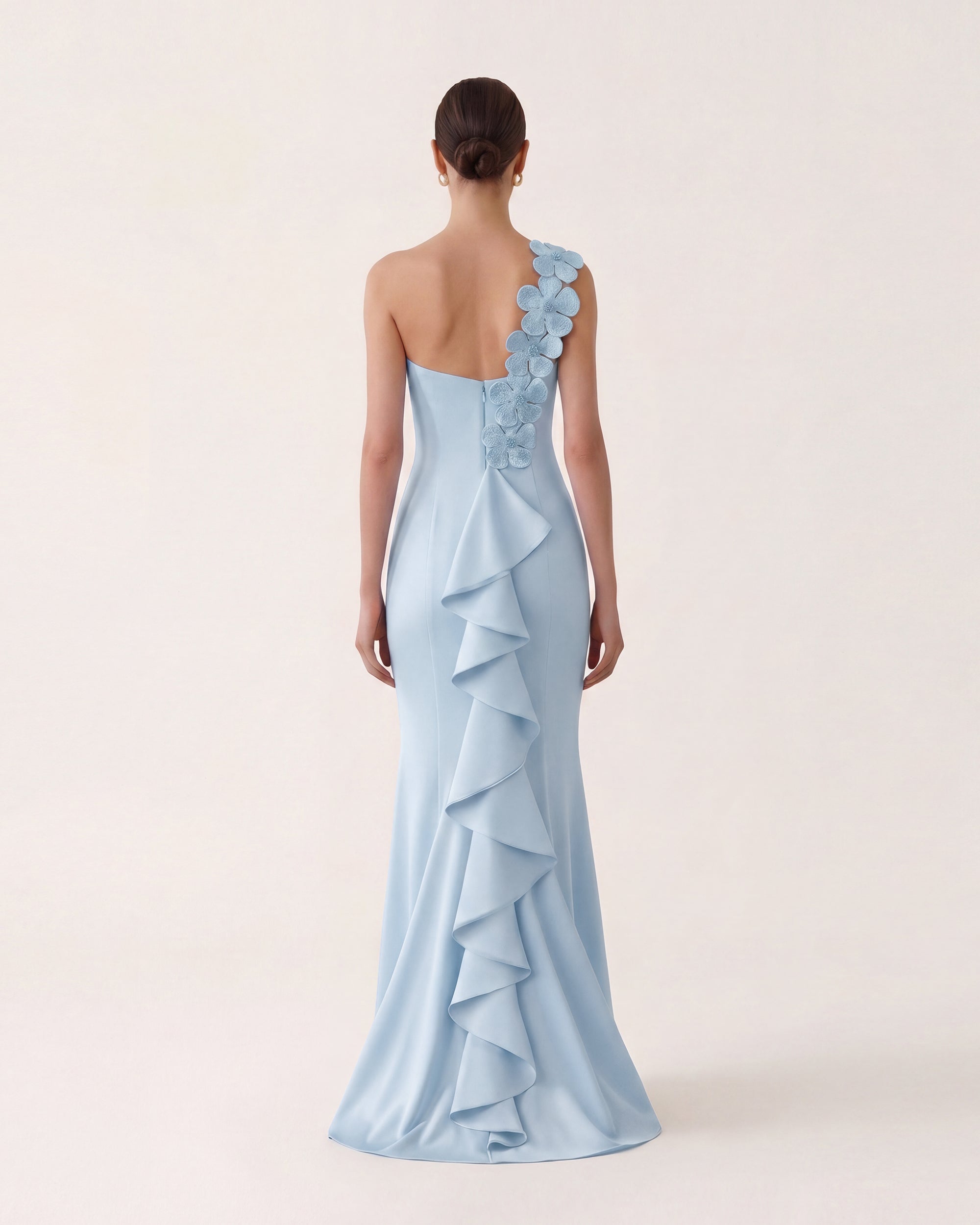 Floral Appliqué One Shoulder Ruffle Maxi Dress - Light Blue