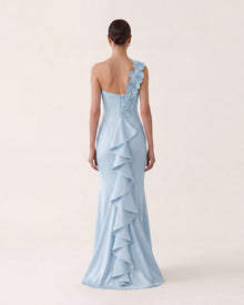 Floral Appliqué One Shoulder Ruffle Maxi Dress - Light Blue