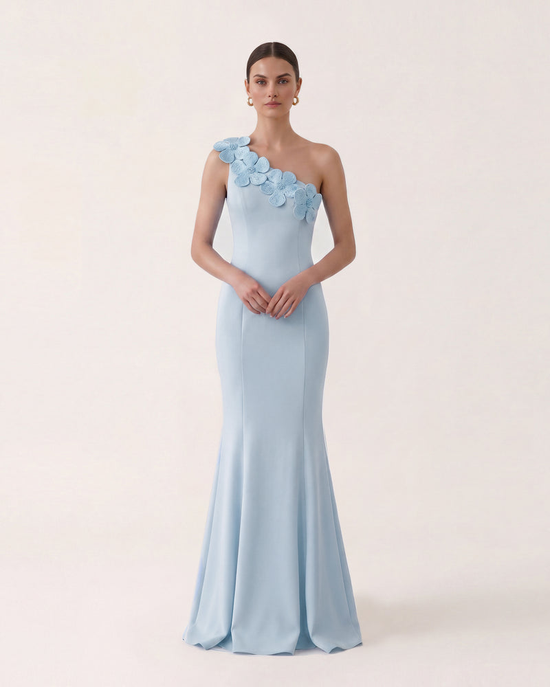 Floral Appliqué One Shoulder Ruffle Maxi Dress - Light Blue
