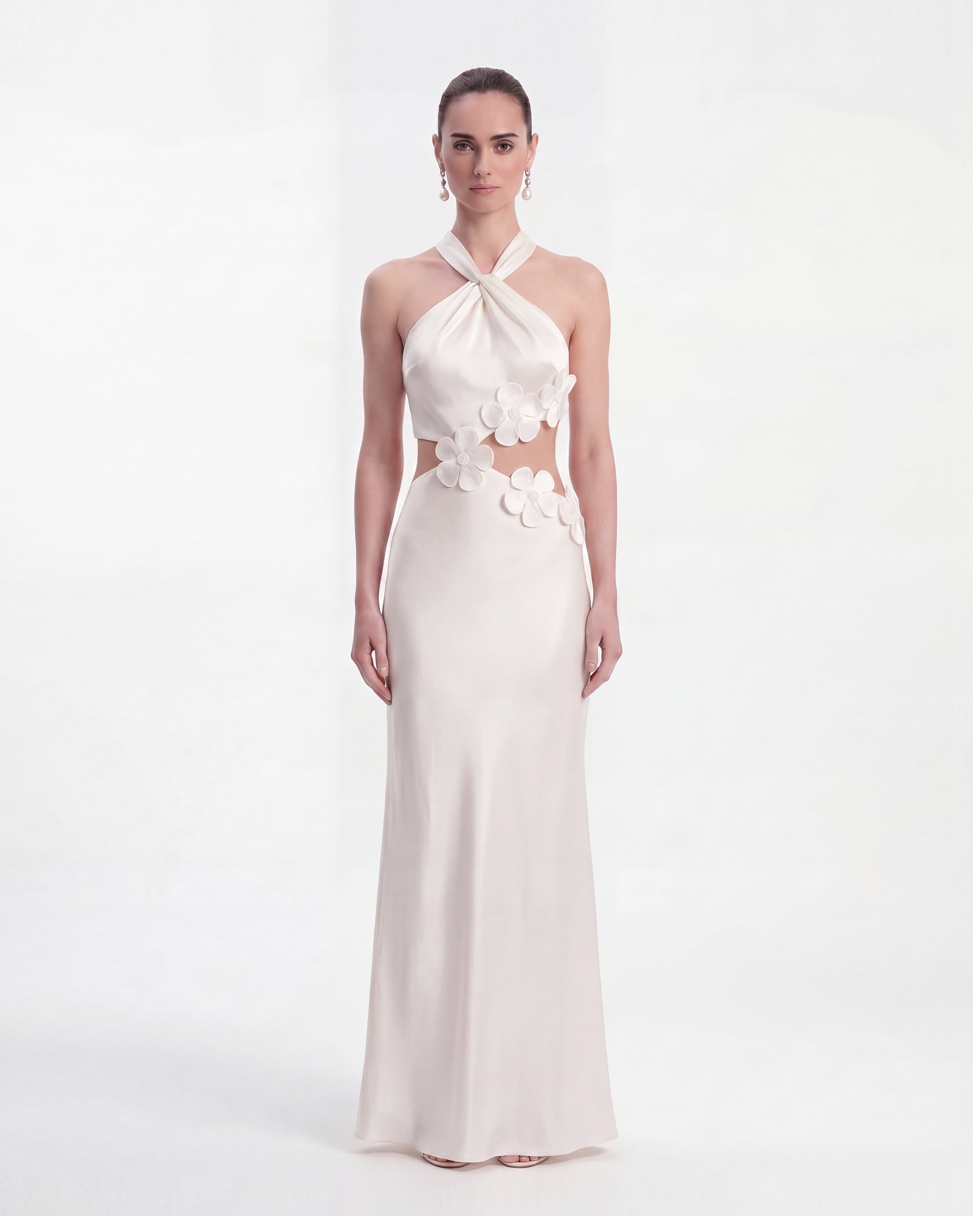 Floral Appliqué Halter Cutout Maxi Dress - White