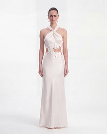 Floral Appliqué Halter Cutout Maxi Dress - White