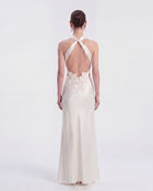 Floral Appliqué Halter Cutout Maxi Dress - White