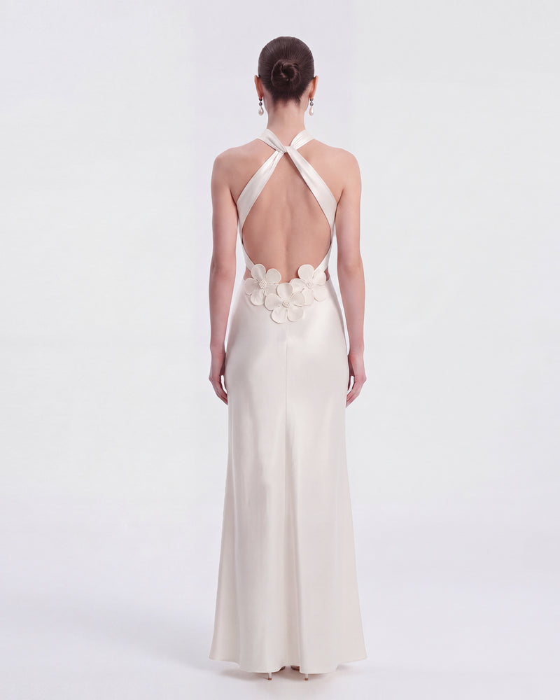 Floral Appliqué Halter Cutout Maxi Dress - White