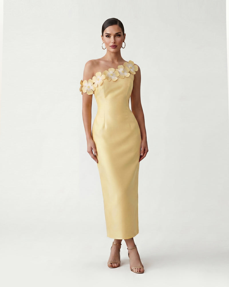 Floral Appliqué Off Shoulder Sheath Midi Dress - Yellow