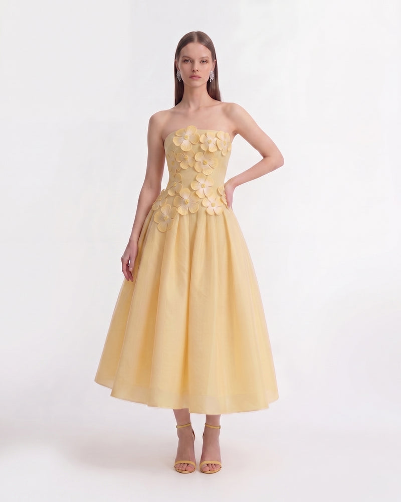 Floral Appliqué Strapless A-Line Midi Dress - Yellow